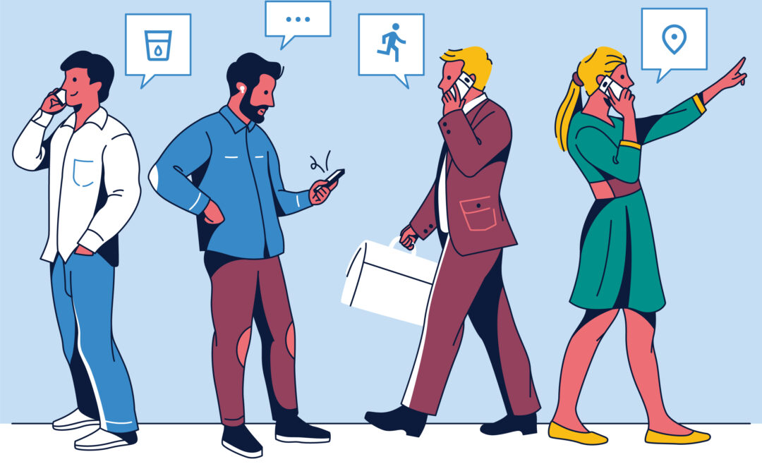 Professionals communicating on phones and mobile devices while multitasking in a busy work environment