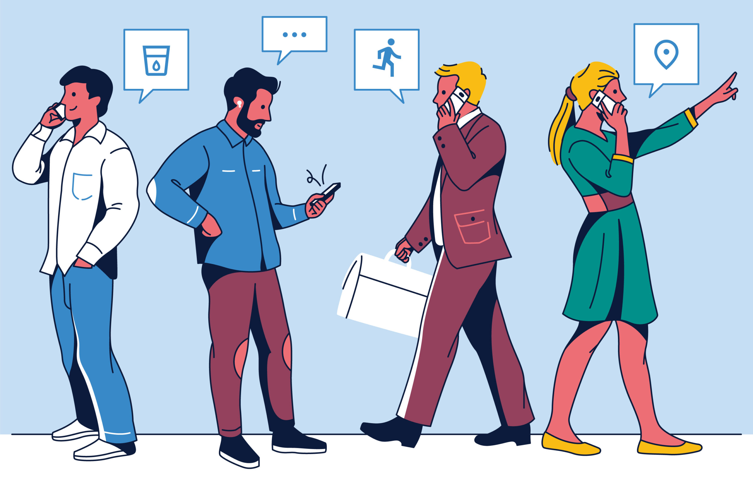 Professionals communicating on phones and mobile devices while multitasking in a busy work environment