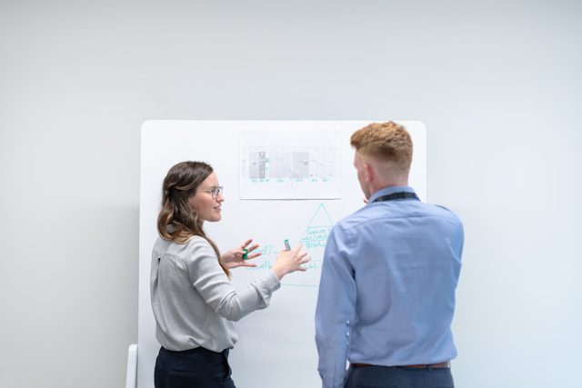 A man and woman in business clothes standing facing a white board discussing